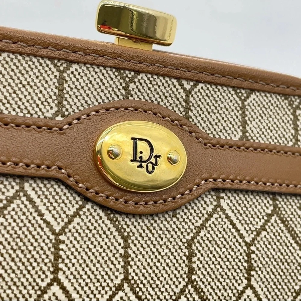 Auth Christian Dior Honeycomb PVC x Leather Beige Clasp Coin Case W/Box